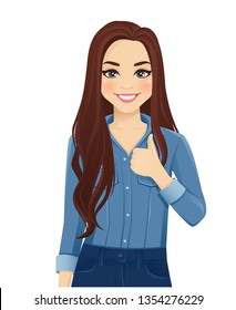 Young cheerful woman with long hair in casual denim shirt showing thumb up isolated vector illustration