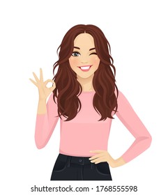 Young cheerful woman with long hair in casual style clothes gesturing ok sign isolated vector illustration