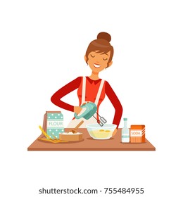 Young cheerful woman mixing dough with mixer, housewife girl cooking food in the kitchen flat vector Illustration