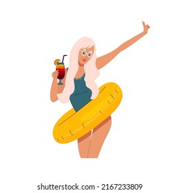 Young cheerful woman in one-piece swimsuit and float circle holding chilling drink. Happy girl ready to pool party. Color flat cartoon vector illustration isolated on white background