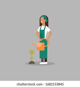 Young cheerful woman planting and watering plant. Cartoon vector illustration concept world environment day.