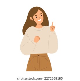 Young cheerful woman pointing her finger up isolated on white background. Character for presentation, speaking gesture, sign, advertising. Flat vector illustration character.