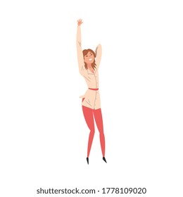 Young Cheerful Woman Singing Along and Dancing at Concert Vector Illustration