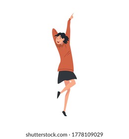 Young Cheerful Woman Singing Along and Dancing at Concert Vector Illustration