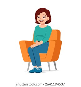 Young cheerful woman sitting on orange armchair smiling with folded hands illustration