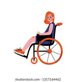 Young Cheerful Woman Sitting in Wheelchair, Self Acceptance, Beauty Diversity, Body Positive Vector Illustration