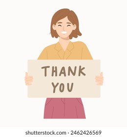 Young cheerful woman smiling and holding card with "THANK YOU" message. Concept of thankful gesture, gratitude, customer thanks service, appreciation, communication. Flat vector illustration.