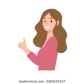 Young cheerful woman thumps up and smiles isolated on white background. Concept of compliment, encouragement, confirm. flat vector illustration cartoon character.