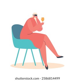 Young Cheerful Woman in Vr Goggles Drink Alcohol Sitting on Chair at Home or Bar. Female Character Holding Wineglass