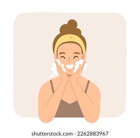 Young cheerful woman washing her face. Concept of skincare routine, cleansing, beauty, daily self care, skin treatment. Flat vector illustration character.