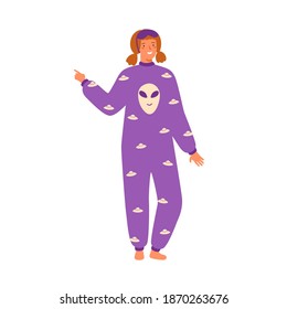 Young cheerful woman wearing cozy pajamas. Female character in comfortable cute homewear. Flat vector cartoon illustration of teenager in funny jumpsuit and with sleep mask isolated on white