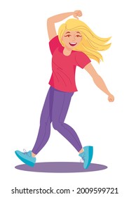 Young cheerfull girl dancing modern dance. Fitness, sport activity, dance classes, school. Vector illustration, isolated, cartoon character, icon, sign, logo, emblem, mascot.