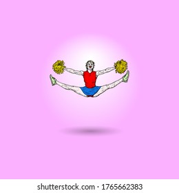 A young cheerleader lady doing a jumping split with a pom-pom. Vector illustration.