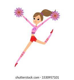 Young cheerleader in red shorts dancing with pompons vector illustration