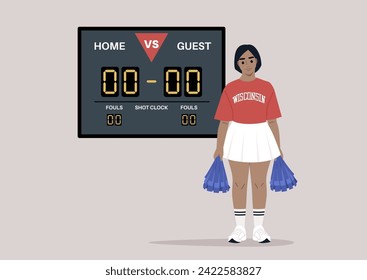 A young cheerleader stands confidently in front of a scoreboard displaying a tied game, ready to burst into action and support her team