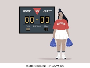 A young cheerleader stands confidently in front of a scoreboard displaying a tied game, ready to burst into action and support her team