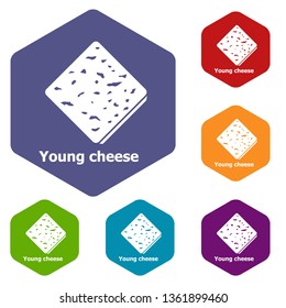 Young cheese icons vector colorful hexahedron set collection isolated on white
