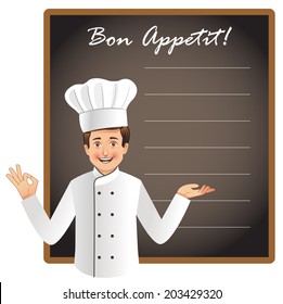 Young chef with a blank blackboard to list today's menu or chef's special menu. This is a vector file with NO transparencies. Similar occupation vectors in my portfolio.