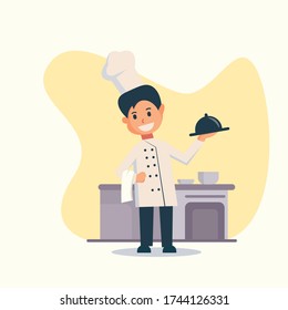 A young chef brings dishes to be served. Cartoon cook chef illustration. Professions job, vector character restaurant staff flat design,for website, poster, pamphlet or any design