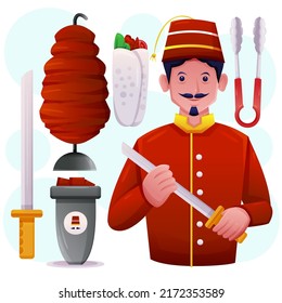 Young chef or butcher with kebob food product and equipment in cartoon character, vector illustration