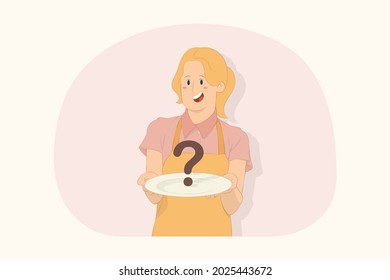 Young chef cook baker woman hold a white empty plate in front concept