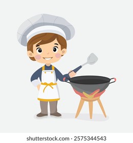 Young Chef Cooking on Grill Vector Illustration. A delightful illustration of a young chef happily cooking on a grill, perfect for culinary and food-themed projects