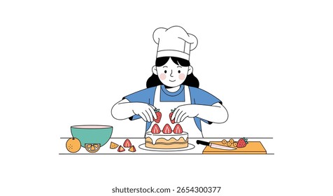 Jovem chef decora delicioso bolo com morangos frescos uma experiência culinária maravilhosa
