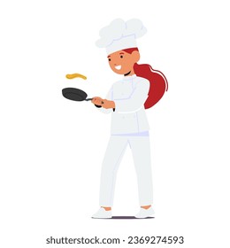 Young Chef Girl Character With A Gleeful Grin, Expertly Flips Pancakes In A Sizzling Pan, Creating Golden-brown Perfection With A Touch Of Childhood Magic. Cartoon People Vector Illustration