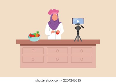 Young chef girl recording with her phone, and tripod to make a cooking video. Virtually concept. Flat vector illustration. 