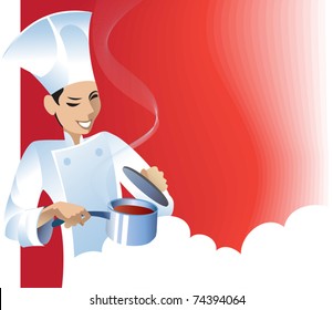 The young chef holding a pan of hot sauce