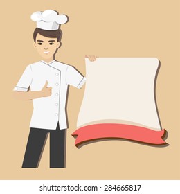 Young chef holding plate for text input.