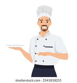 Jovem chef segura um prato vazio redondo com um lugar para comida. Ilustração de vetor plano isolada no plano de fundo branco