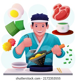 Young chef with japanese food product and equipment for cooking in cartoon character, vector illustration