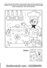 Young chef at the kitchen connect the dots picture puzzle and coloring page. Answer included.
