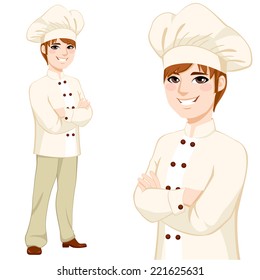 Young chef man in beige uniform standing with arms crossed