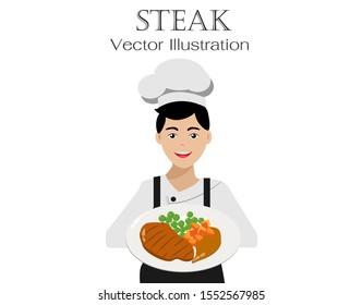 Young Chef man in cook uniform with smiling face proudly presenting his cooking, grilled pork/beef steak. Isolated on white background. Vector Illustration.