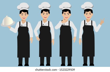 Young chef man in uniform with smiling face  in 4 manners. Isolated in light blue background. Vector Illustrator.