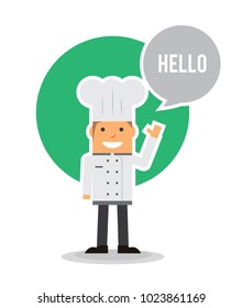 young chef raised hand with speech bubble say hello