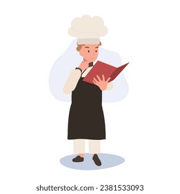 Young Chef Reading Cooking Book. Child Chef Learning to Cook