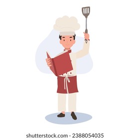 Young Chef Reading Cooking Book. Child Chef Learning to Cook
