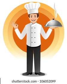 Young chef with steaming cuisine