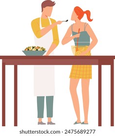 Young chef tasting dish cooking table apron woman mixing lemonade, home kitchen, casual clothes. Vector illustration cooking couple teamwork meal preparation fruits. Isolated white background