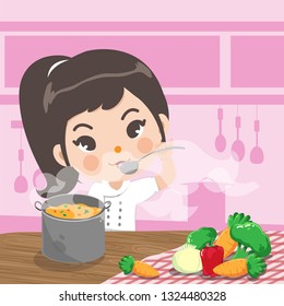 The young chef is tasting his delicious soup and happy in working time. 