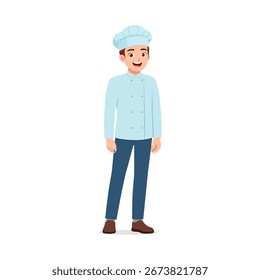 Young chef in uniform smiling standing friendly posing in full body illustration
