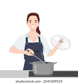 Jovem chef mulher com avental feliz cozinhar delicioso guisado. Ilustração de vetor plano isolada no plano de fundo branco