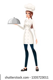Young chef. Women chef. Flat vector illustration isolated on white background. Cartoon character design. Smiling woman, chef holding silver platter.