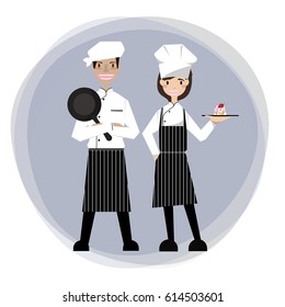 The young chef wore a cooking stand, holding a pan with a smiling face. Shape girl holding a plate of strawberry cake.Vector/Illustration