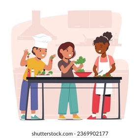 Young Chefs Characters In Action. Children Wearing Chef Uniforms, Hats, And Aprons, Prepare Vegetable Salad With Enthusiasm And Joy In A Playful Cooking Adventure. Cartoon People Vector Illustration