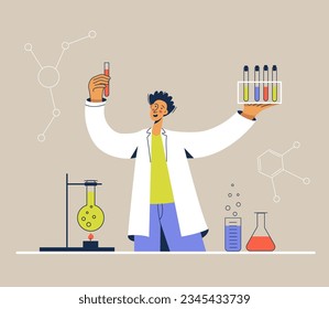 Young chemist with beakers, laboratory tube. Scientist is experimenting. Man researcher in uniform busy in lab