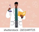 Young chemist scientist with a test tube and a book